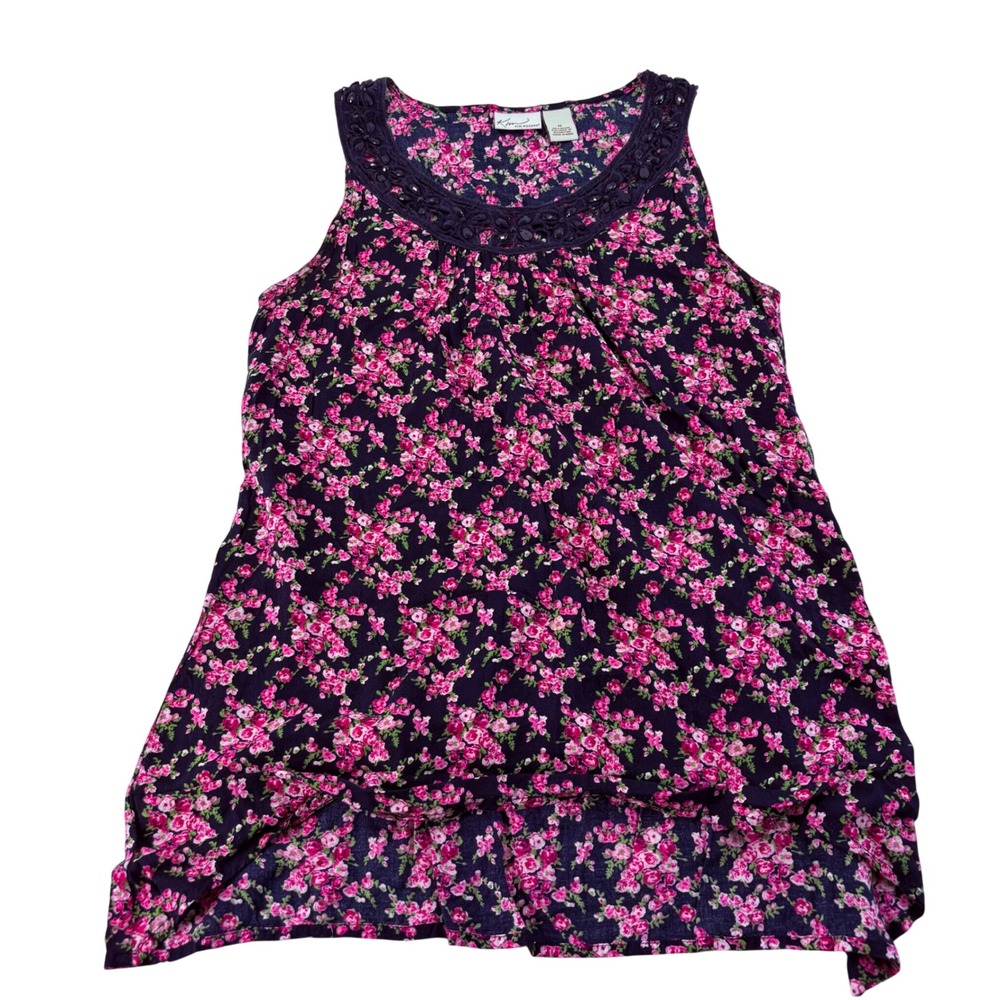 Kim Rogers Pink Floral Navy Blue Crochet Neck High Low Tank Top Blouse‎ Size M